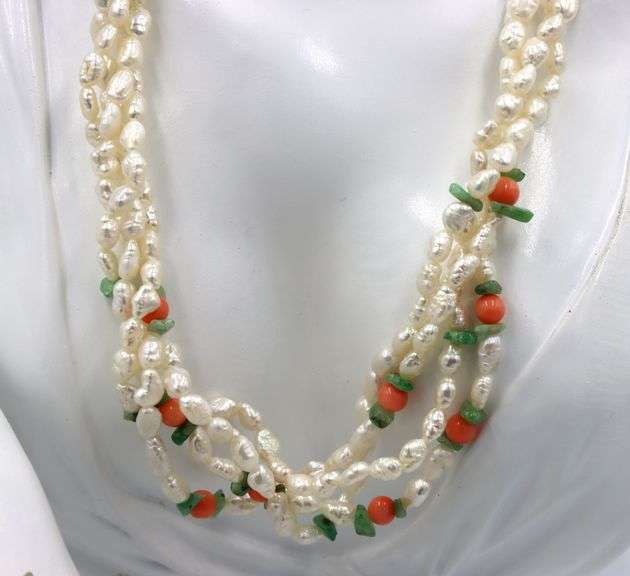 Set of pearl, jade and coral beaded multi strand necklace and bracelet