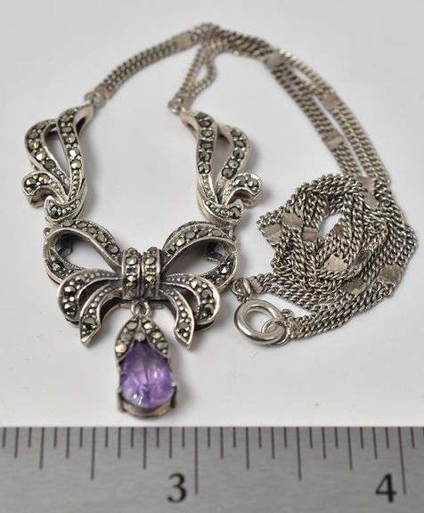 Amethyst and Marcasite Gemstone Pendant Necklace in Sterling Silver