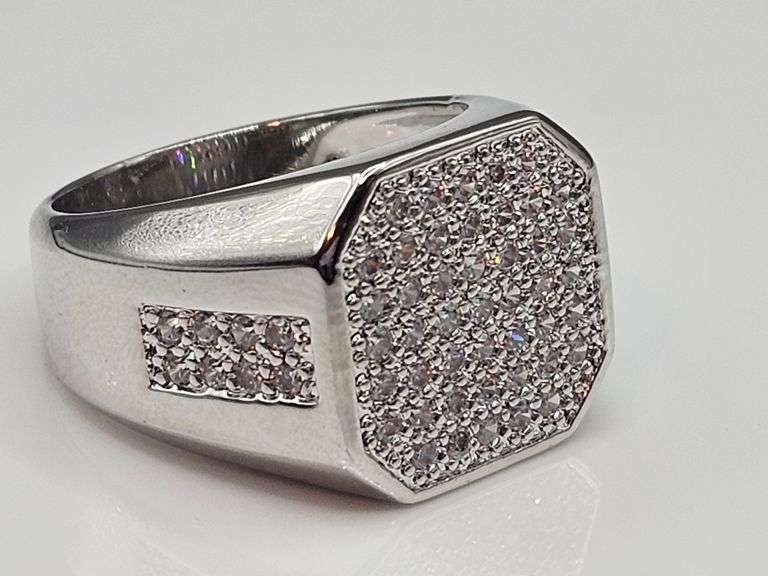 Mens 14 Kt Tri-Layered White Gold Lab Simulated Diamond Ring