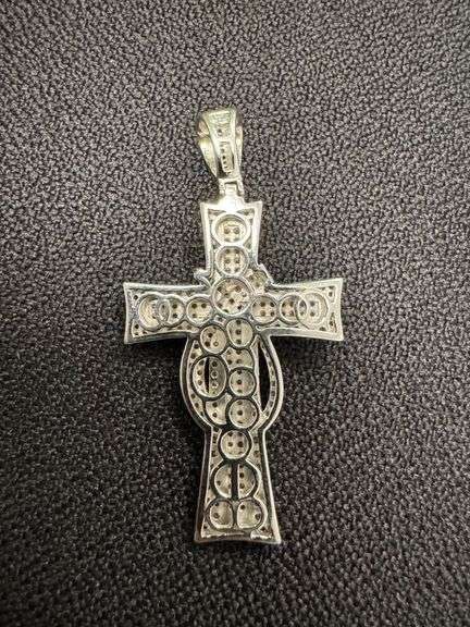 Rhodium Plated 925 Sterling Silver CZ Ribbon Cross Pendant