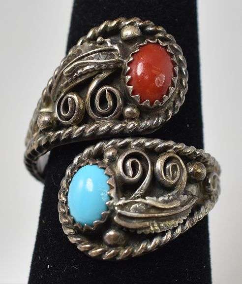 Turquoise and Coral Gemstone Ring in Sterling Silver