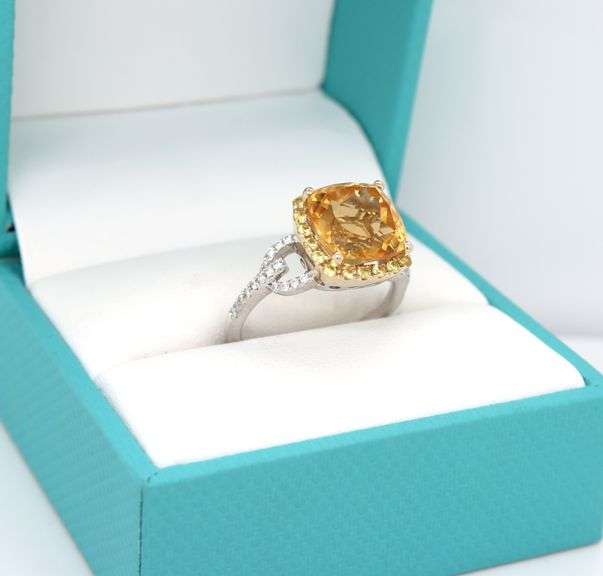 14kt White gold cushion citrine and yellow topaz halo and diamond ring