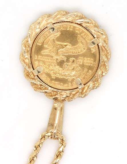 1/10th OZ Eagle coin pendant in 24kt yellow gold on rope chain necklace