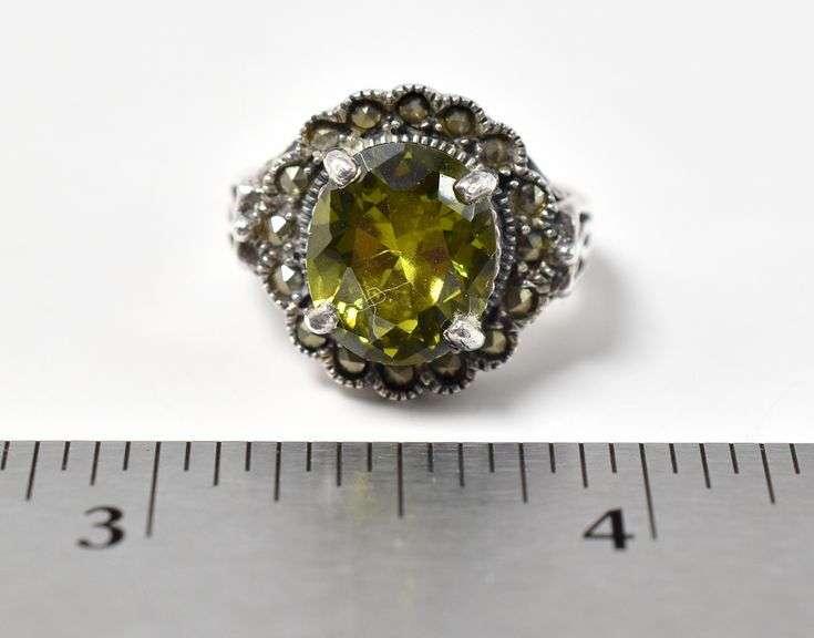 Green Gemstone and Marcasite Gemstone Ring in Sterling Silver