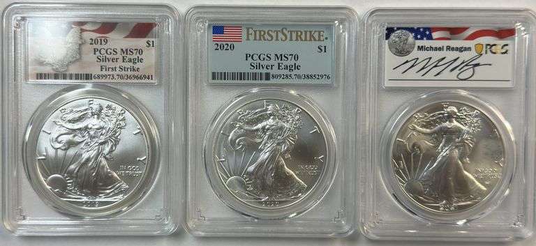 3 Special PCGS MS70 graded 2019, 2020, & 2021 $1 Silver Eagles