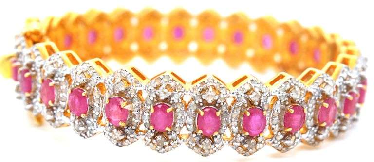 Enamoring 10.58CTW Oval Shaped Emerald-Cut Rubies & 5.04CTW Diamond Bangle Bracelet on  14kt Yellow 
