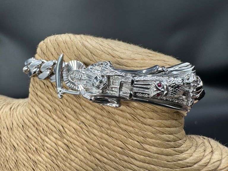 Rhodium Plated 925 Sterling Silver Santa Muerte Death Angel 14mm Cuban Bracelet 8"