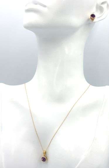 Set of 14kt yellow gold 2ctw amethyst bezel set necklace and earrings