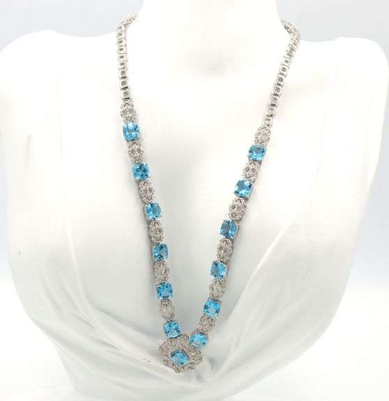 Jaw Dropping 29.00CTW Blue Topaz & 2.42CTW Diamonds on 14K White Gold Over Sterling Silver Necklace