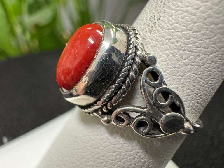 Sterling Silver Red Coral Ring Size 6