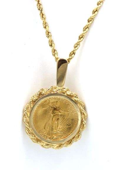 1/10th OZ Eagle coin pendant in 24kt yellow gold on rope chain necklace