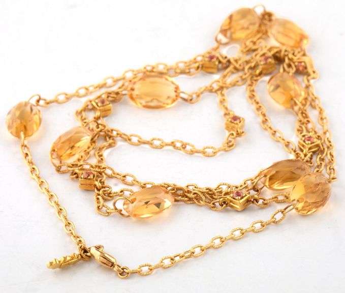 Citrine Cabochon Station Chain Link Necklace in 18K
