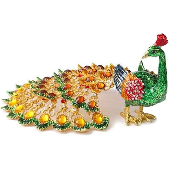 Hand-Painted Peacock Rhinestones Trinket Box