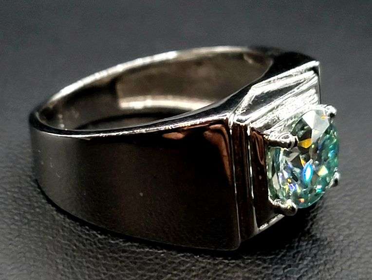 14 Kt White Gold Plate Men's Sparkling 2.35 Ct Mint Green Fire Moissanite Ring