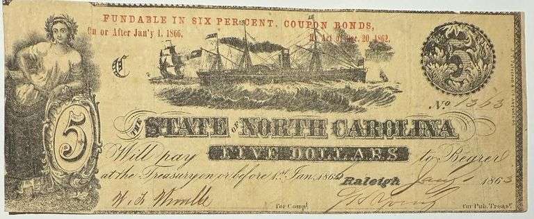 $5 1863 State of North Carolina Note