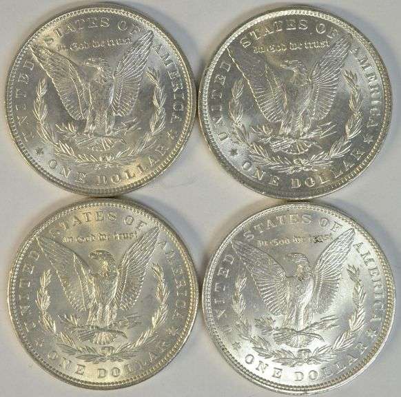 4 Diff. Cream-white Choice BU 'P' Mint Morgan Silver Dollars
