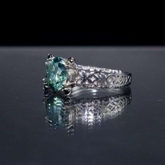 14 K White Gold Plate 3.05 Ct Emerald Green VVs1 Fire Moissanite Ring