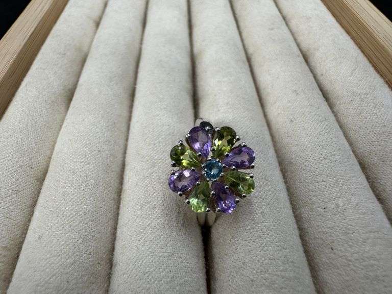 Sterling Silver Amethyst, Peridot, Blue Topaz Gemstone Ring Size 7