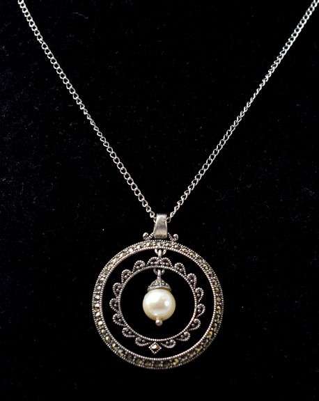 Pearl and Marcasite Gemstone Pendant Necklace in Sterling Silver