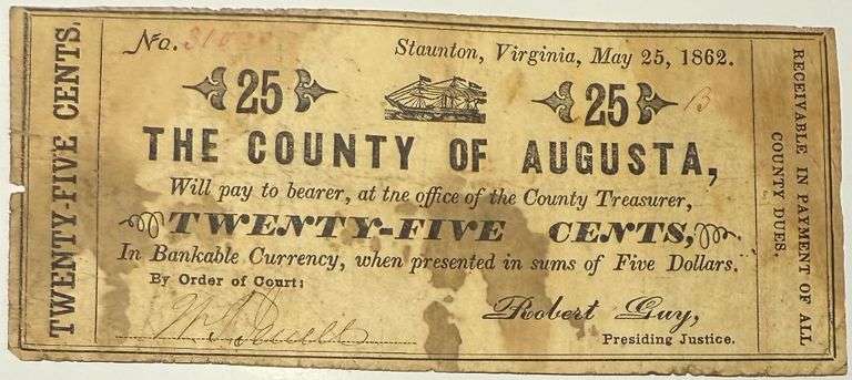 25 Cent Staunton Va May 1862 Note