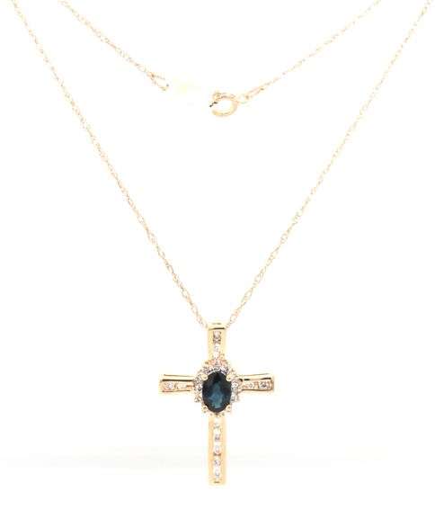 14kt Yellow gold blue sapphire and diamond cross pendant on chain