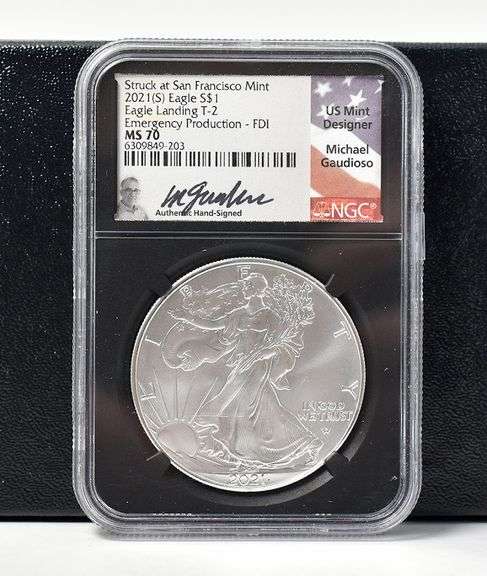 2021 S Silver Eagle T-2 NGC MS70 Emergency Production FDI Signed M. Gaudioso