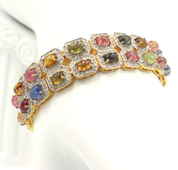Jaw Dropping 19.00CTW Oval Multi Color Cabochon-Cut Tourmaline & 4.00CTW Diamond Bracelet in 14K Yel