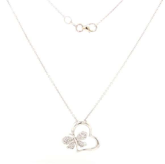14kt White gold butterfly heart shaped pendant with diamonds on chain