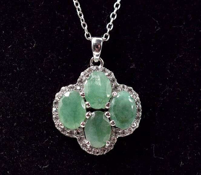 Emerald and CZ Gemstone Pendant Necklace in Sterling Silver