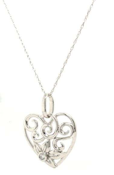 14kt White gold diamond swirl heart pendant on chain