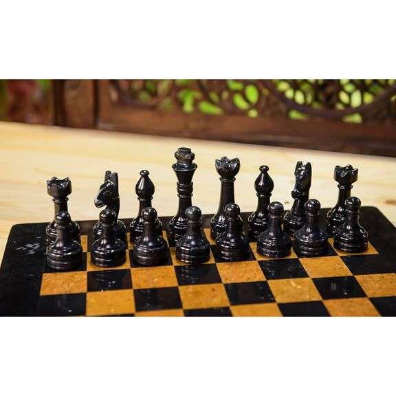 Black and Golden Marble Chess Set with Hand-Polished Pieces
