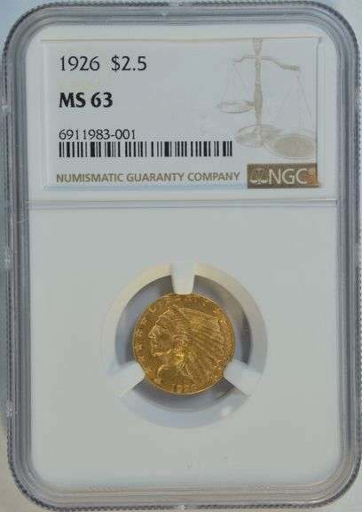 Very Choice BU 1926 US $2.50 Indian Gold Piece. NGC MS63