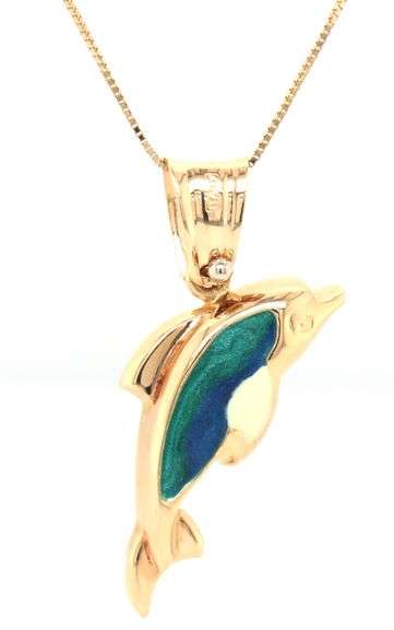 14kt Yellow gold Enamel Dolphine pendant on chain
