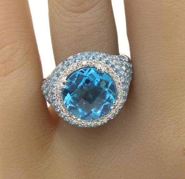 18kt White gold blue topaz and diamond full pave ring