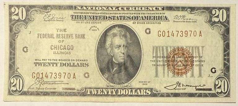 $20 Choice Slider Chicago 1929 Series National Currency Note.