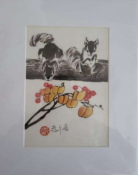 Collection of 3 original painting by Ping Zheng hand signed. Rabbits, Squirrels