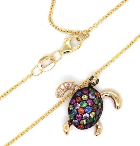 14kt Yellow gold Effy multi sapphire and diamond turtle pendant on chain
