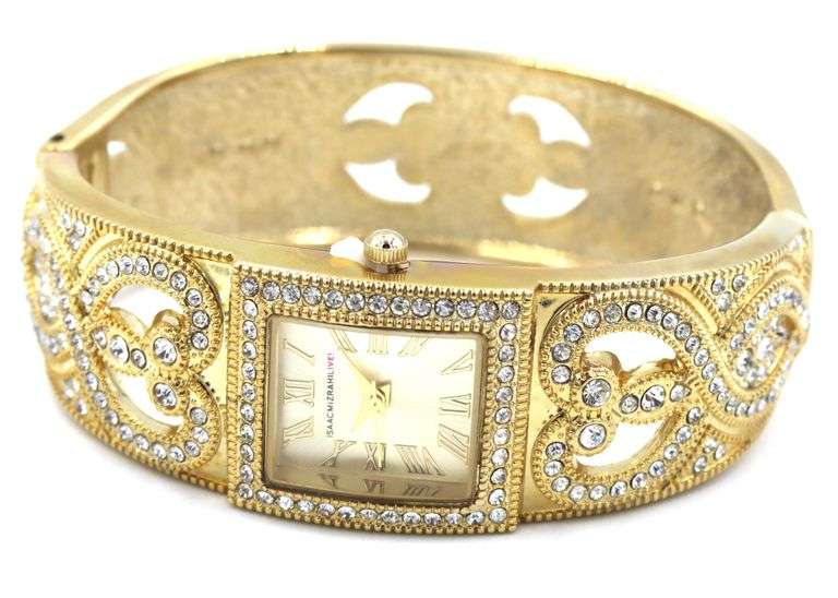 Isacc Mizrahi gold tone and Rhinestone hinged bangle bracelet watch