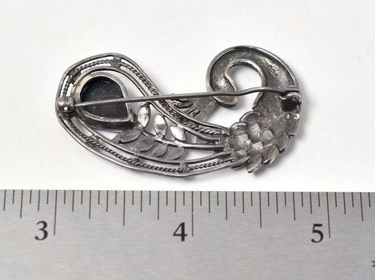 Peacock Brooch with Black Onyx, Red Garnet, and Marcasite Gemstones in Sterling Silver