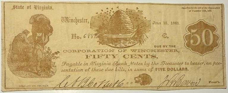 Corporation of Winchester Va 50 Cent 1861 Note