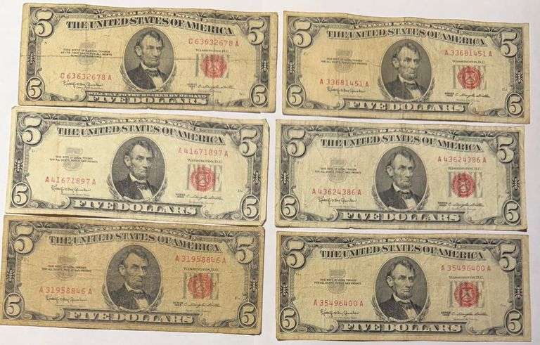 6 1953 Circulated Red Seal US Notes