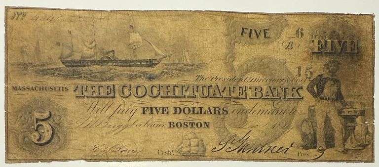 $ 5 Cochituate Bank Boston  Obsolete Note.