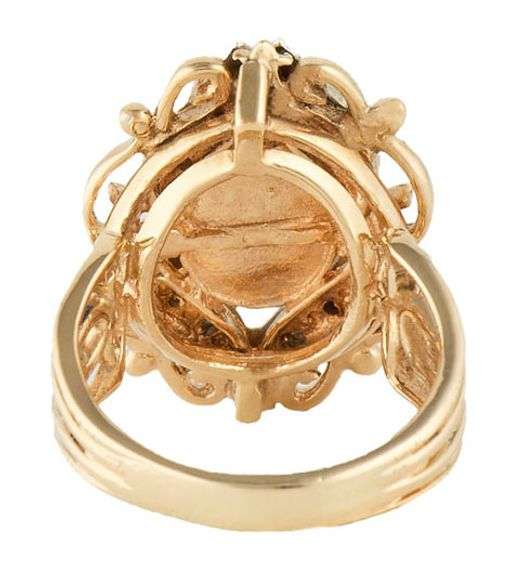 Vintage Oval Opal and 0.20ctw Diamond Milgrain Heirloom Cocktail Ring in 14K