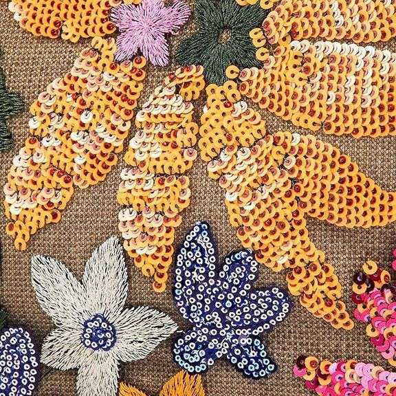 Handmade Sequin Embroidered Tote Rattan Wood Handle