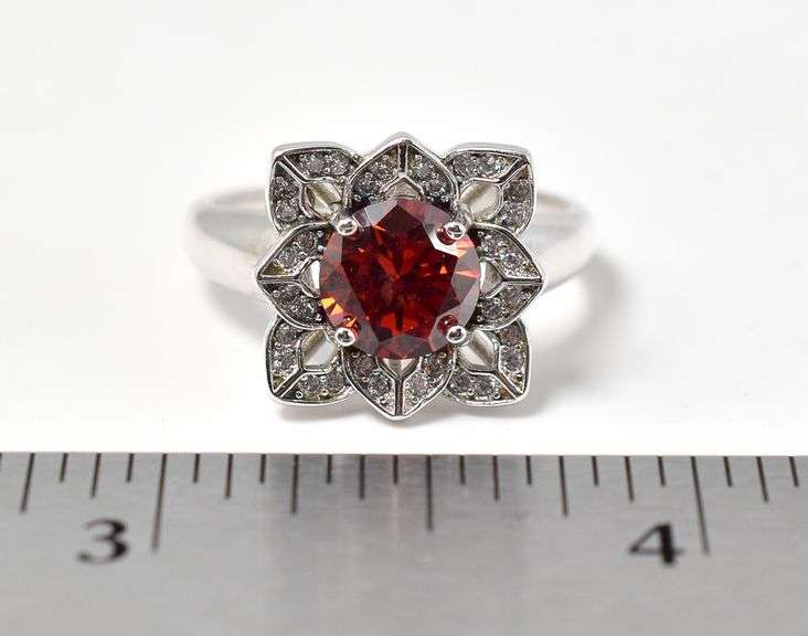 Red Garnet and CZ Gemstone Ring in Sterling Silver