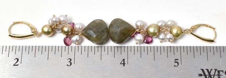 Fabulous Labradorite, Pearl, and Tourmaline Earrings in 14K Yellow Gold