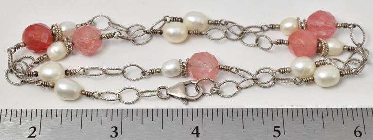 Pearl and Rose Quarts Necklace in Sterling Silver