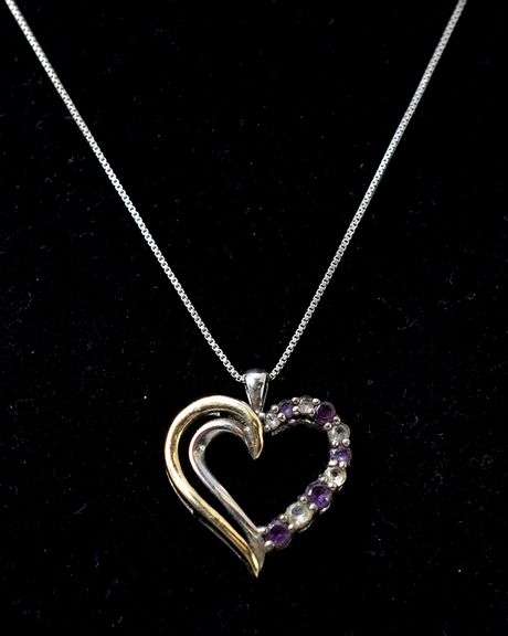 Purple and White CZ Gemstone Heart Pendant Necklace in Sterling Silver with 10K Yellow Gold