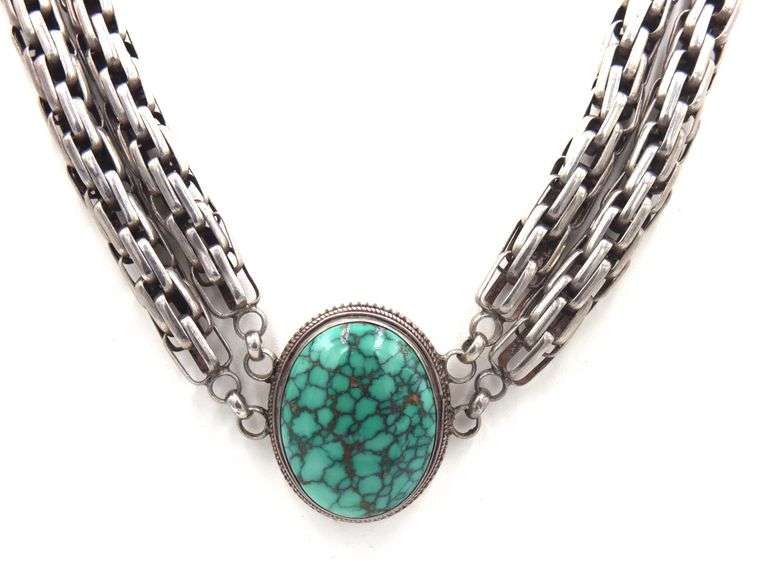 Heavy chunky vintage 925 sterling silver oval turquoise necklace
