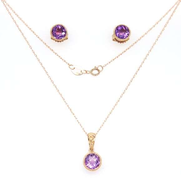 Set of 14kt yellow gold 2ctw amethyst bezel set necklace and earrings